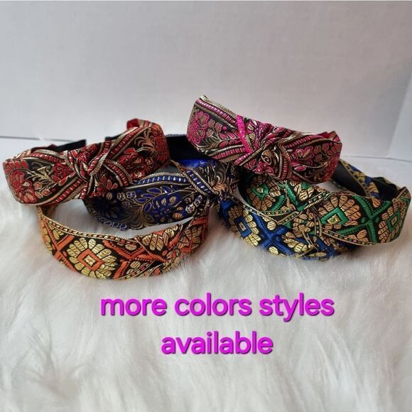 JEWELTONE JACQUARD SATIN FABRIC top knot royal blue gold black headband - Picture 9 of 9